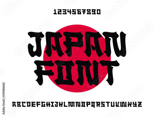 Japanese style Latin font design, alphabet letters and numbers vector illustration