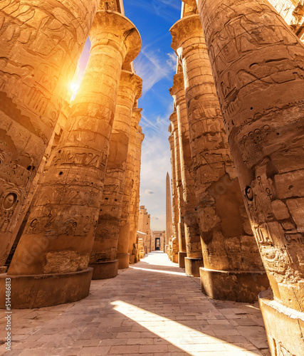 Obraz na płótnie Columns with ancient carvings in the Great Hypostyle Hall of Luxor, Karnak Temple, Egypt w salonie