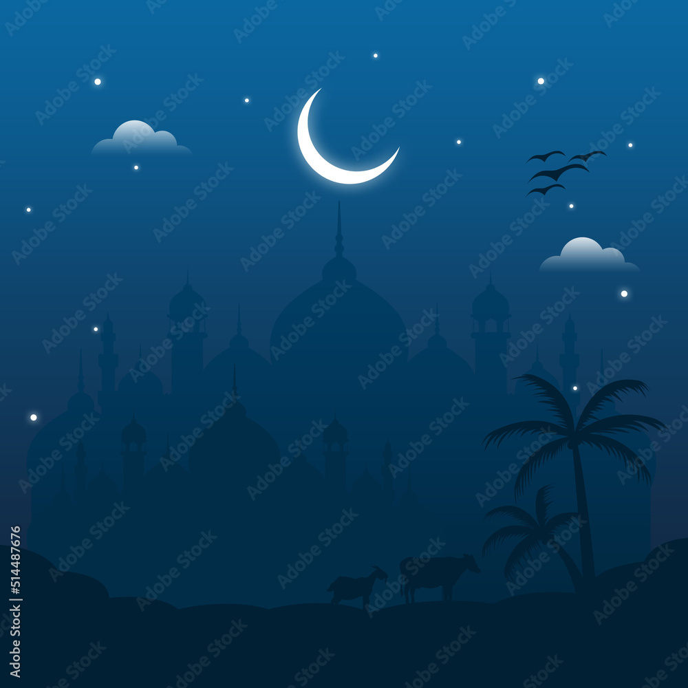 Mosque in the night. Vector illustration Happy Eid Al Adha Mubarak With Gradien Background Design Template Mosque in the night. Vector illustration Happy Eid Al Adha Mubarak With Gradien Background Design Template