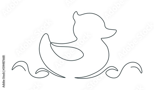 Rubber duck in single continuous line. Children s rubber duck in one line. Minimalist outline. Bath toy. Duck floats on water. Hand drawn vector illustration.