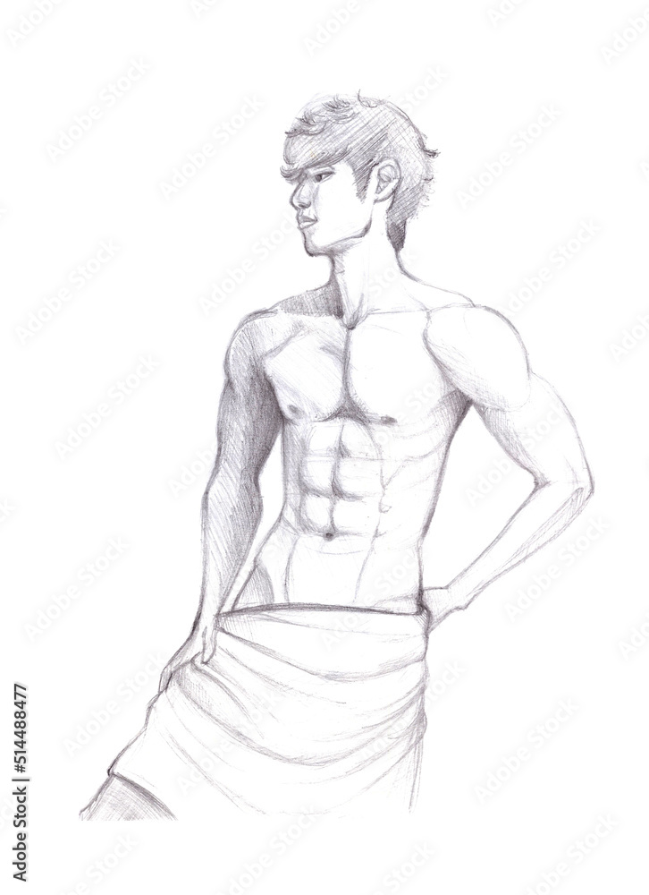 Guy with a towel on white background. Male torso. Pencil illustration.