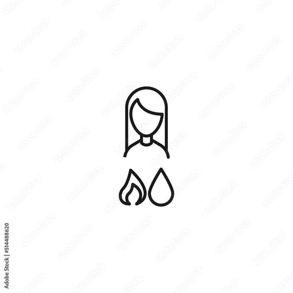 Vector signs drawn in flat style with thin black line. Editable stroke. Suitable for adverts, books, articles, banners. Line icon of flame and drops next to faceless woman Vector signs drawn in flat style with thin black line. Editable stroke. Suitable for adverts, books, articles, banners. Line icon of flame and drops next to faceless woman