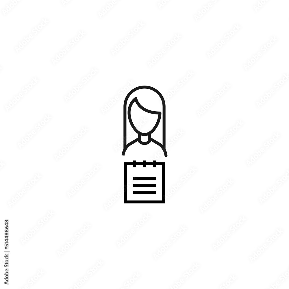 Vector signs drawn in flat style with thin black line. Editable stroke. Suitable for adverts, books, articles, banners. Line icon of calendar next to faceless woman Vector signs drawn in flat style with thin black line. Editable stroke. Suitable for adverts, books, articles, banners. Line icon of calendar next to faceless woman