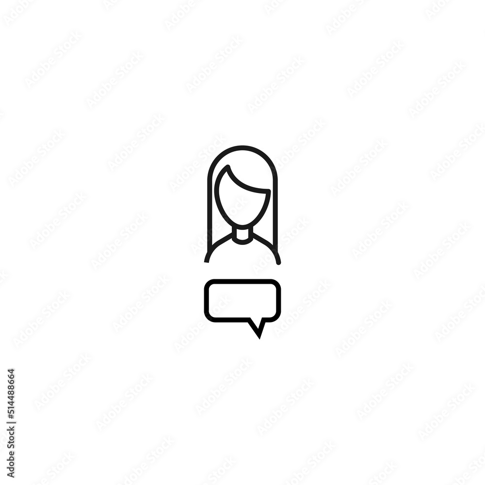 Vector signs drawn in flat style with thin black line. Editable stroke. Suitable for adverts, books, articles, banners. Line icon of speech bubble in form of rectangle next to faceless woman Vector signs drawn in flat style with thin black line. Editable stroke. Suitable for adverts, books, articles, banners. Line icon of speech bubble in form of rectangle next to faceless woman
