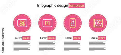 Set line Music player, Vinyl with vinyl disk, Stop media button and or video editing icon. Vector