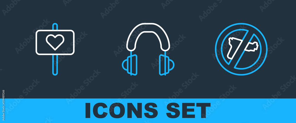 Set line No war, Peace and Headphones icon. Vector Set line No war, Peace and Headphones icon. Vector