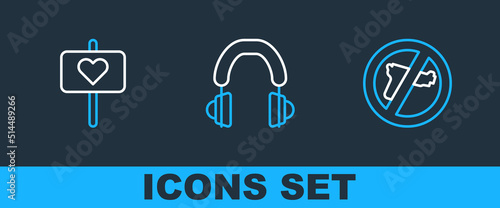 Set line No war, Peace and Headphones icon. Vector