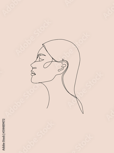 Abstract Minimalistic Woman Face in Trendy Linear Style. One Line Drawing Woman Profile Portrait. Hand drawn Abstract feminine Silhouette for print, poster, social media, stories, logo, fashion design