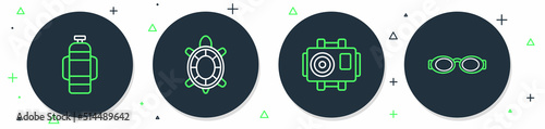 Set line Turtle, Photo camera for diver, Aqualung and Glasses swimming icon. Vector