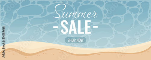 Summer sale banner template. Top view of the sea beach. Beautiful background. Seasonal discount offer. For banner, poster, website interface, shop