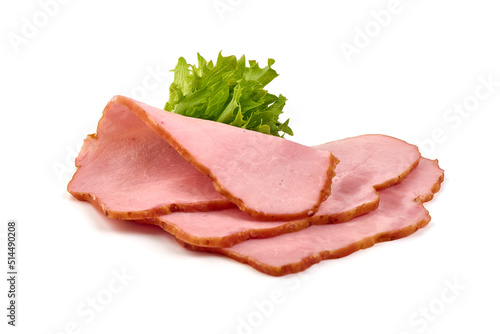 Smoked loin slices, isolated on white background.