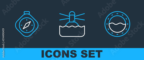 Set line Ship porthole, Compass and Lighthouse icon. Vector
