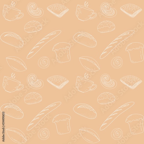 Bakery products, baguettes and confectionery with a white contour pattern on gingerbread paper seamless drawing by hand