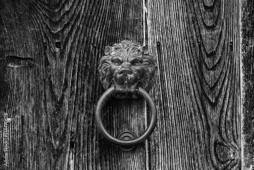 Old-fashioned door knocker in shape of a lion head somewhere on a door in downtown Matera, Southern Italy