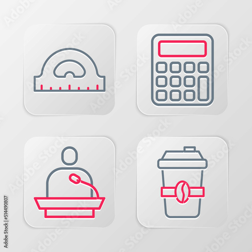 Set line Coffee cup to go, Gives lecture, Calculator and Protractor grid icon. Vector