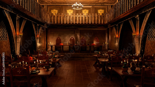 3D illustration of medieval great hall dining room with tables set for a royal feast.