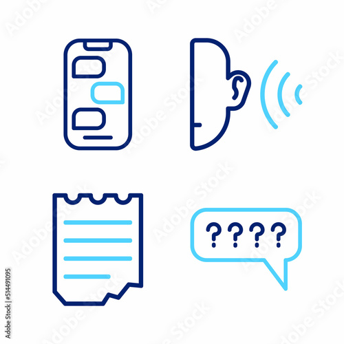 Set line Speech bubbles with Question, Notebook, Ear listen sound signal and New chat messages notification icon. Vector