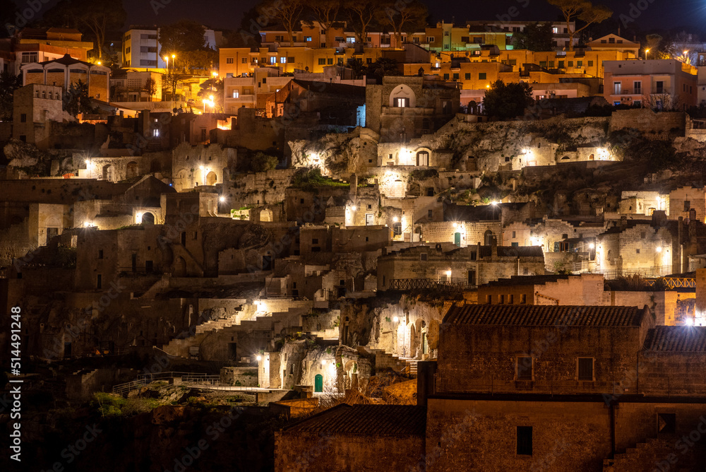 Scenic skyline of Sassi di Matera at night, Southern Italy