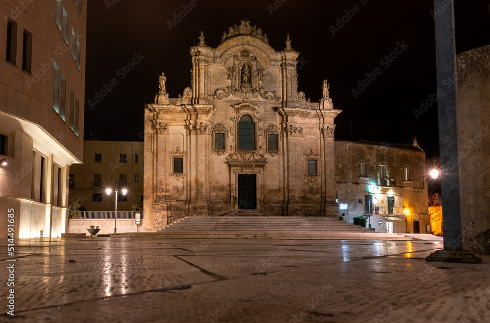 Church Saint Francis of Assisi in Matera at night, Southern Italy