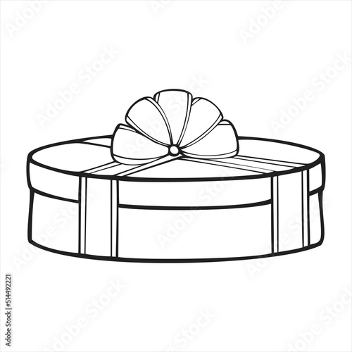 Monochrome picture, large round gift box with a beautiful ribbon and bow, vector illustration in cartoon style © Nat