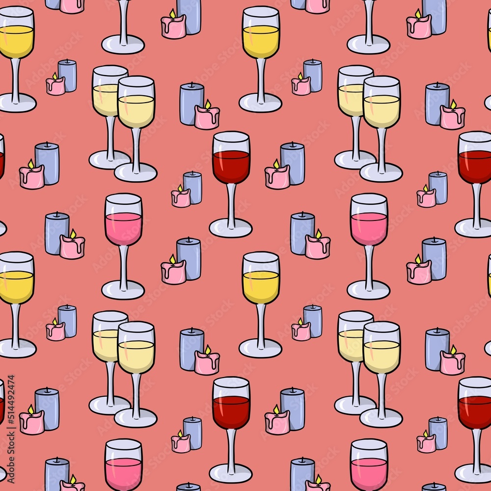 Pink print,Glass tall glasses with various wines and candles, romantic evening, seamless square pattern Pink print,Glass tall glasses with various wines and candles, romantic evening, seamless square pattern