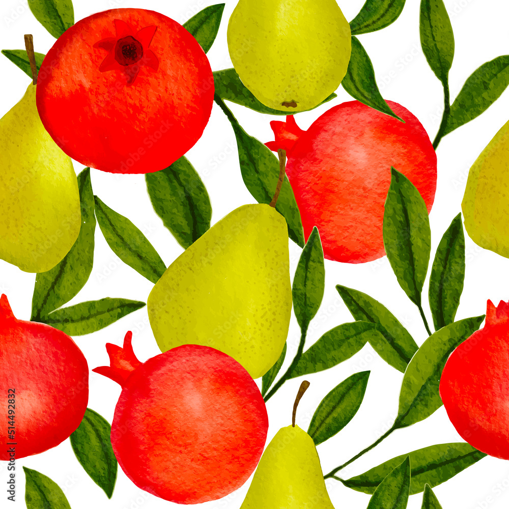 Watercolour Tropical Pear on Fruit and Red Pomegranate design Seamless Pattern on white background. Hand Drawing repeat Summer Fruit , full and cut, green branch leaves. Vector Illustration