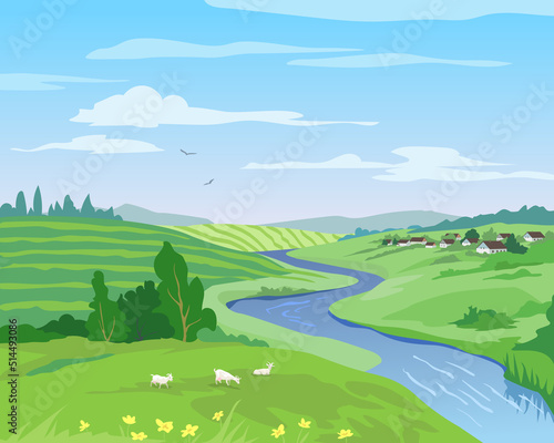 Beautiful countryside landscape in summer with green hills, fields, river and grazing goats