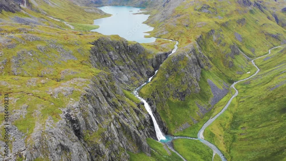 Aerial view of a waterfall in Anderson Bay, Unalaska, Alaska, United States. Aerial view of a waterfall in Anderson Bay, Unalaska, Alaska, United States.