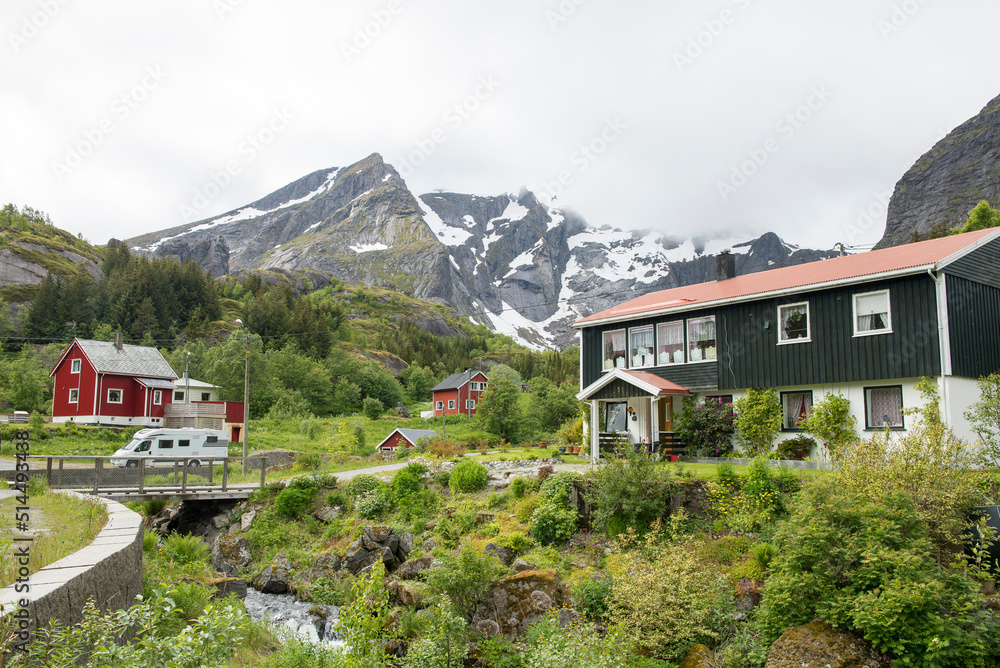 Obraz premium Leknes, Lofoten, Norway 06/26/2015View of the Norwegian village Leknes in the Lofoten Islands in spring