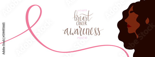 October Breast Cancer Awareness Month campaign web banner. African american woman illustration. Handwritten lettering vector