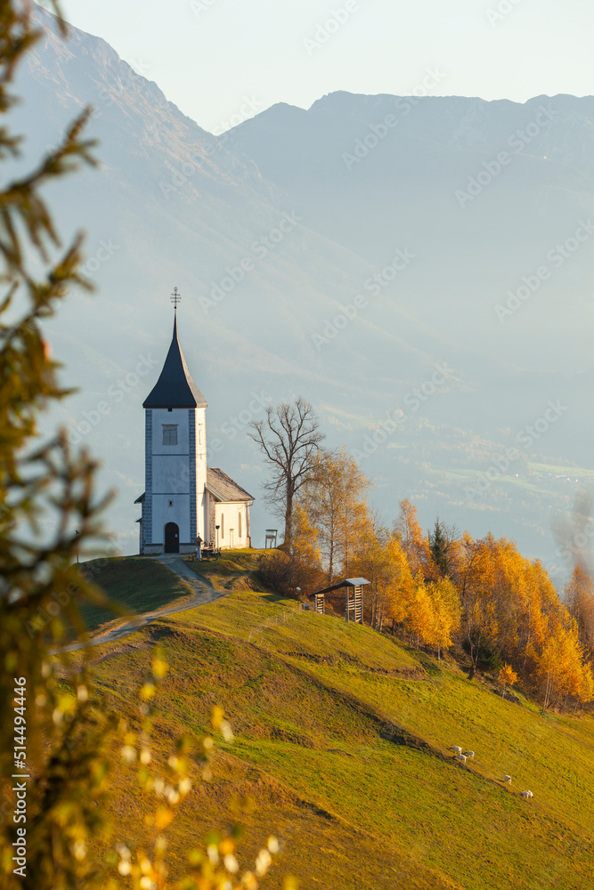  Jamnik Church in the Sunset, Julian Alps Summits Jamnik, Slovenia