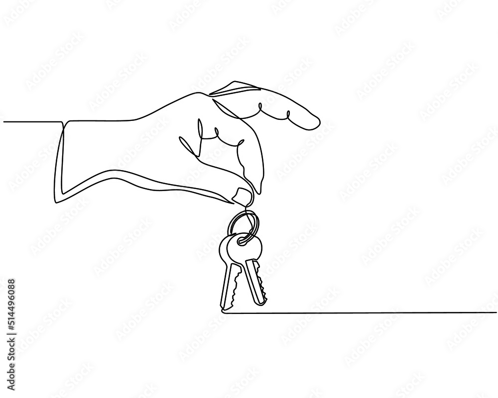 Continuous one line drawing of hand holding key concept. Real estate