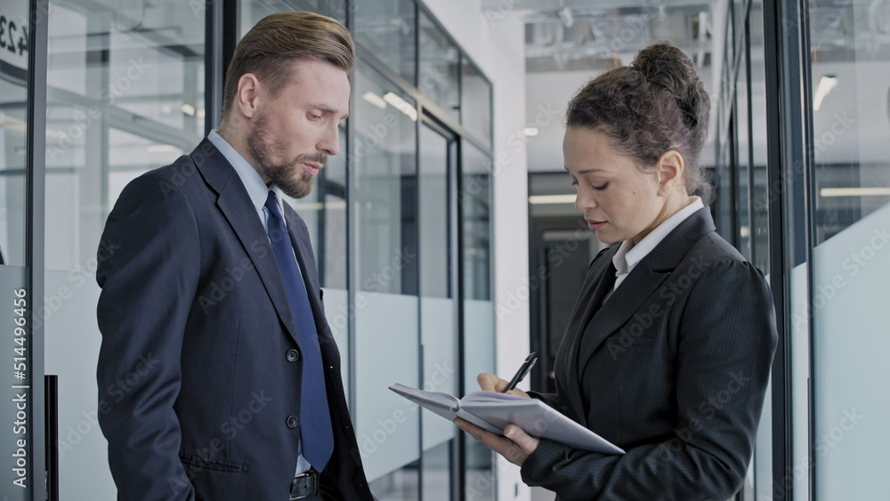 Fototapeta premium Two company employees discussing business tasks, woman taking notes, teamwork