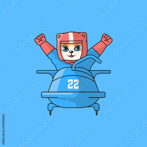 Cute red cat practicing bobsleigh. Cartoon vector character for children