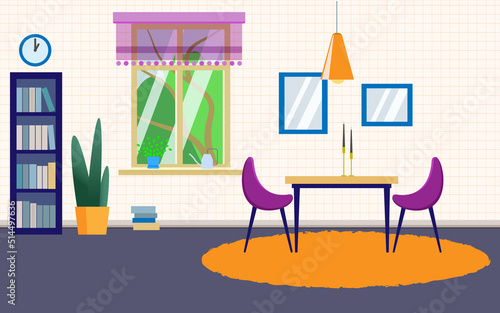 The interior of a living room with a nice view in the window, some plants, a bookcase, a table and a couple of chairs.