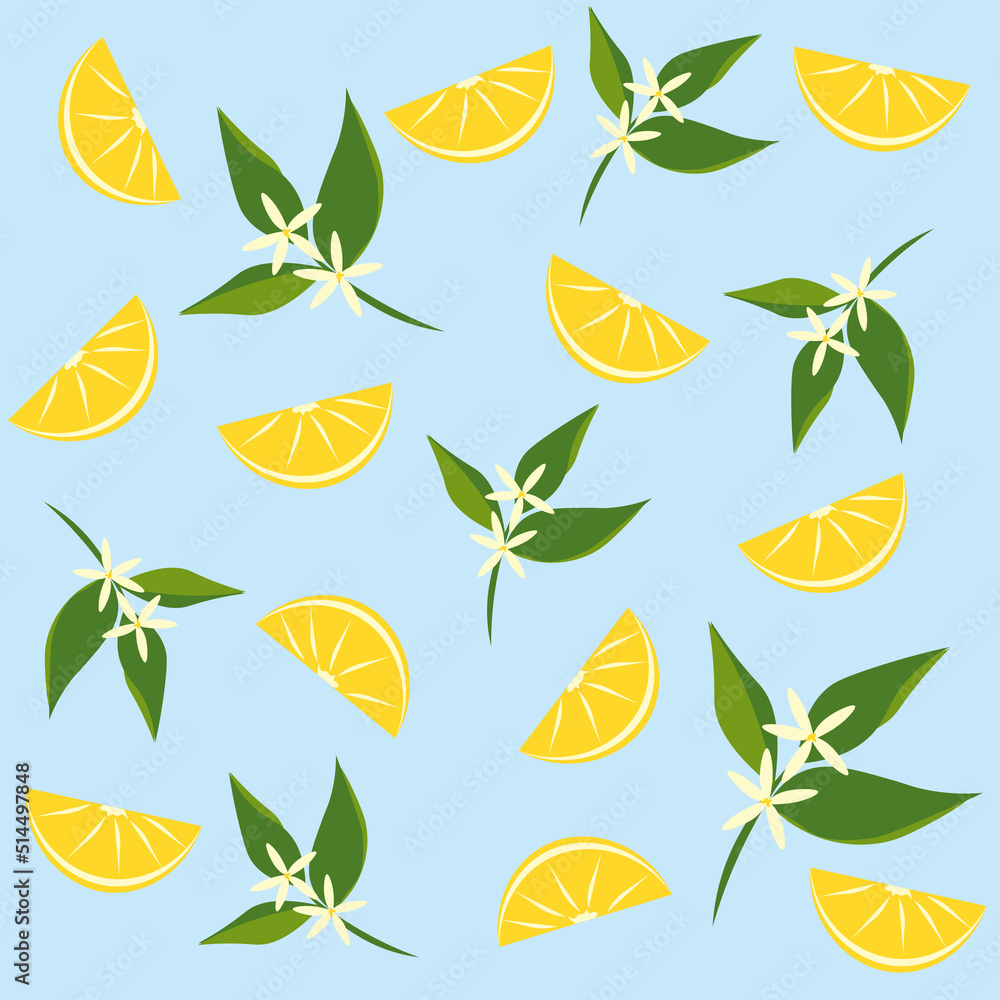 Summer seamless pattern with yellow lemon slices, green leaves and small light flowers on a light blue background in a flat style Summer seamless pattern with yellow lemon slices, green leaves and small light flowers on a light blue background in a flat style