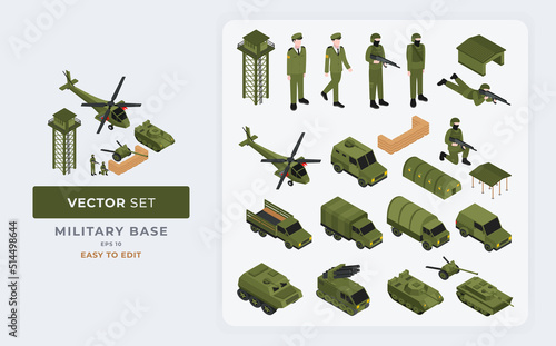 Isometric army strength and weapons set vector military base supply. Color Editable Eps 10.