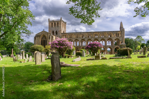 view of the Augustinian Jedburgh Abbey ruins and cemetery in southern Scotland