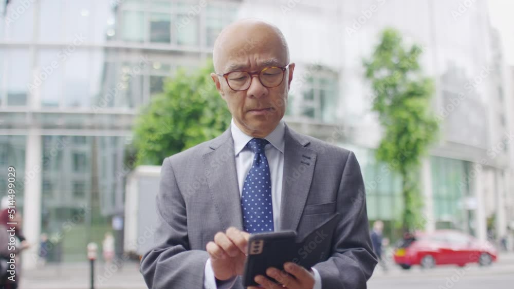 Portrait of senior Chinese male walking and texting in the city, in slow motion Portrait of senior Chinese male walking and texting in the city, in slow motion