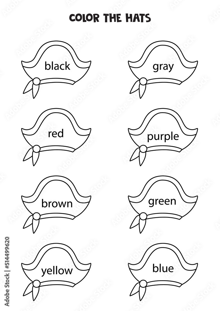 Read names of colors and color pirate hats. Educational worksheet.