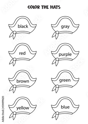 Read names of colors and color pirate hats. Educational worksheet.