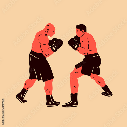 Boxers standing in stance. Two fighting men. Boxing, sports, workout, martial arts, mixed fight concept. Cartoon style. Hand drawn modern Vector illustration. Logo, print, poster, design template