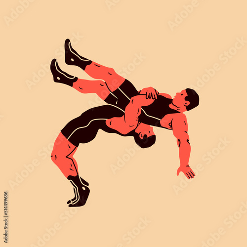 Greco-roman wrestlers. Two athletes Wrestle. Making a suplex. Freestyle, collegiate, amateur wrestling, MMA concept. Hand drawn modern Vector illustration. Logo, poster, design template