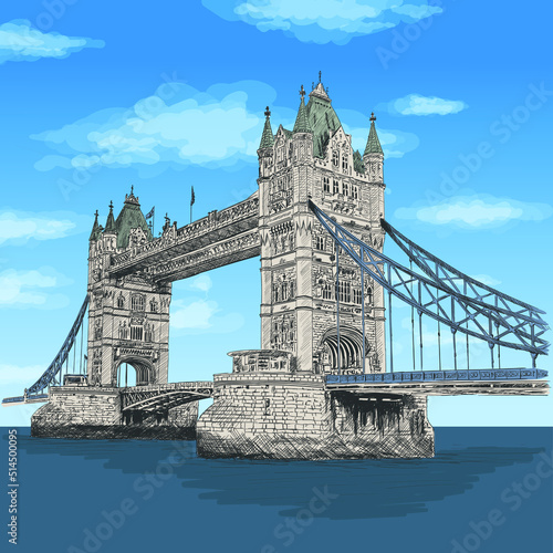 Tower Bridge in London across the River Thames. Color pencil sketch