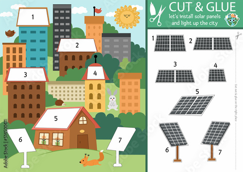 Vector ecological cut and glue activity. Crafting game with earth friendly town. Fun printable worksheet for children. Find right piece of the puzzle, complete the picture. Install solar panels page.
