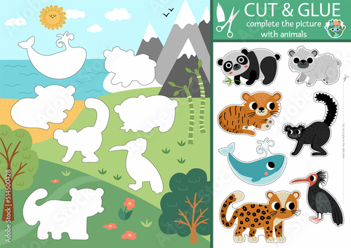 Vector ecological cut and glue activity. Crafting game with nature scene and endangered animals. Fun printable worksheet. Find right piece of the puzzle. Earth day complete the picture page.