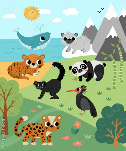 Vector wild forest, mountains, ocean scene with trees, extinct animals, birds. Woodland scenery with tiger, leopard, panda, whale, polar bear. Wild nature landscape illustration or background. .