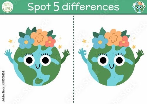 Find differences game for children. Ecological educational activity with cute planet. Earth day puzzle for kids with funny character. Eco awareness or zero waste printable worksheet or page.