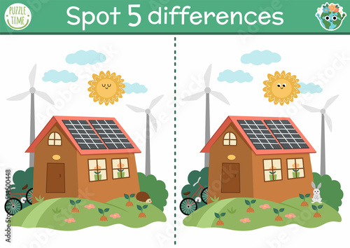 Find differences game for children. Ecological educational activity with cute house, solar panels, wind turbines. Earth day puzzle for kids. Eco awareness or zero waste printable worksheet, page.