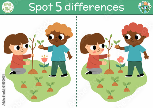 Find differences game. Ecological educational activity with cute children planting trees. Earth day puzzle for kids with funny character. Eco awareness or zero waste printable worksheet or page.